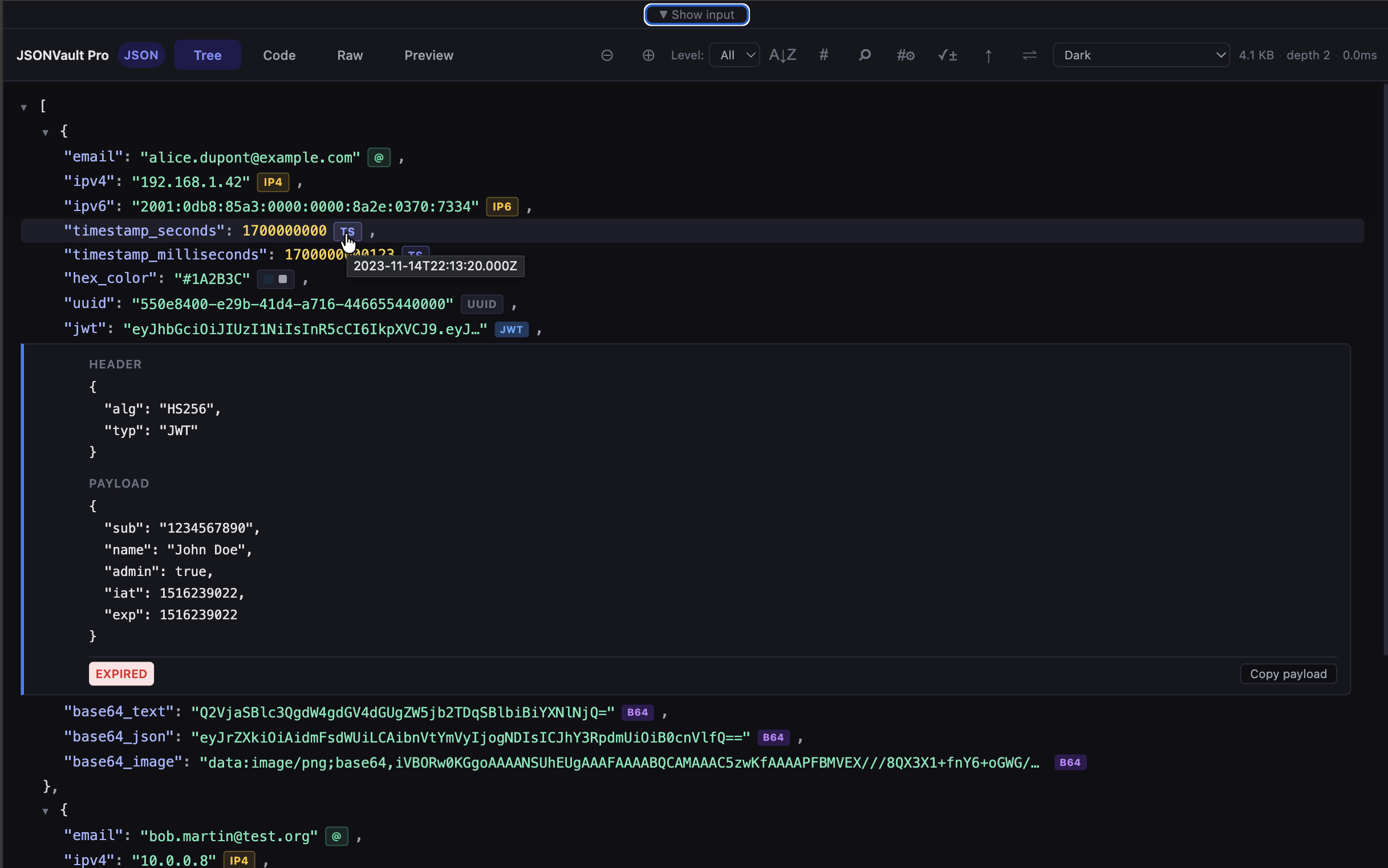 JWT décodé en ligne avec valeurs intelligentes
